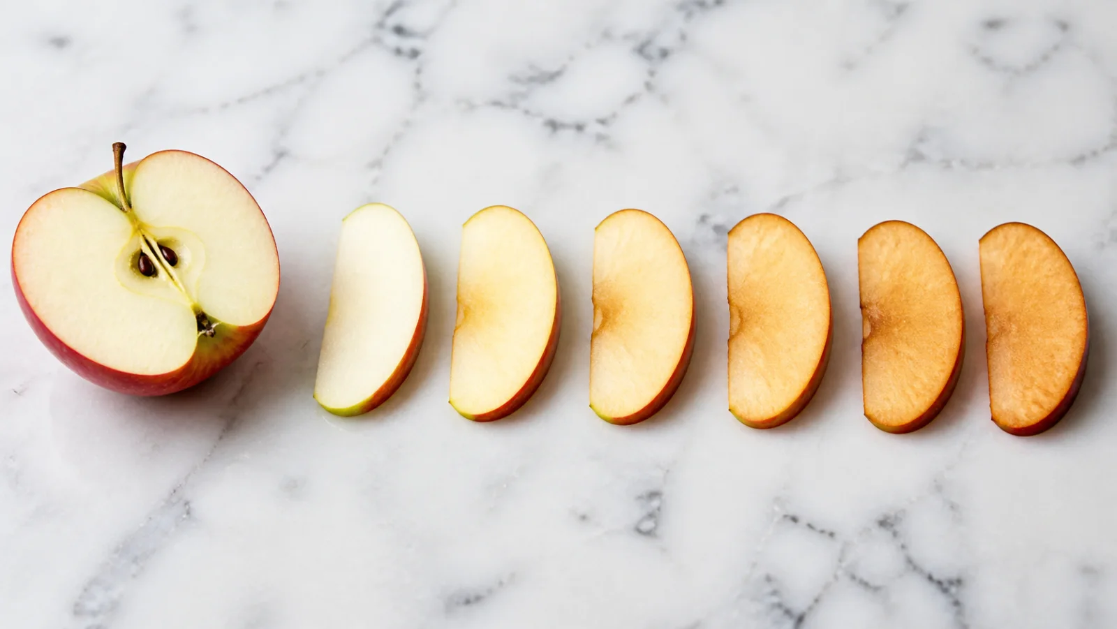 Cut apple and slices showing pale flesh progressing to brown surfaces