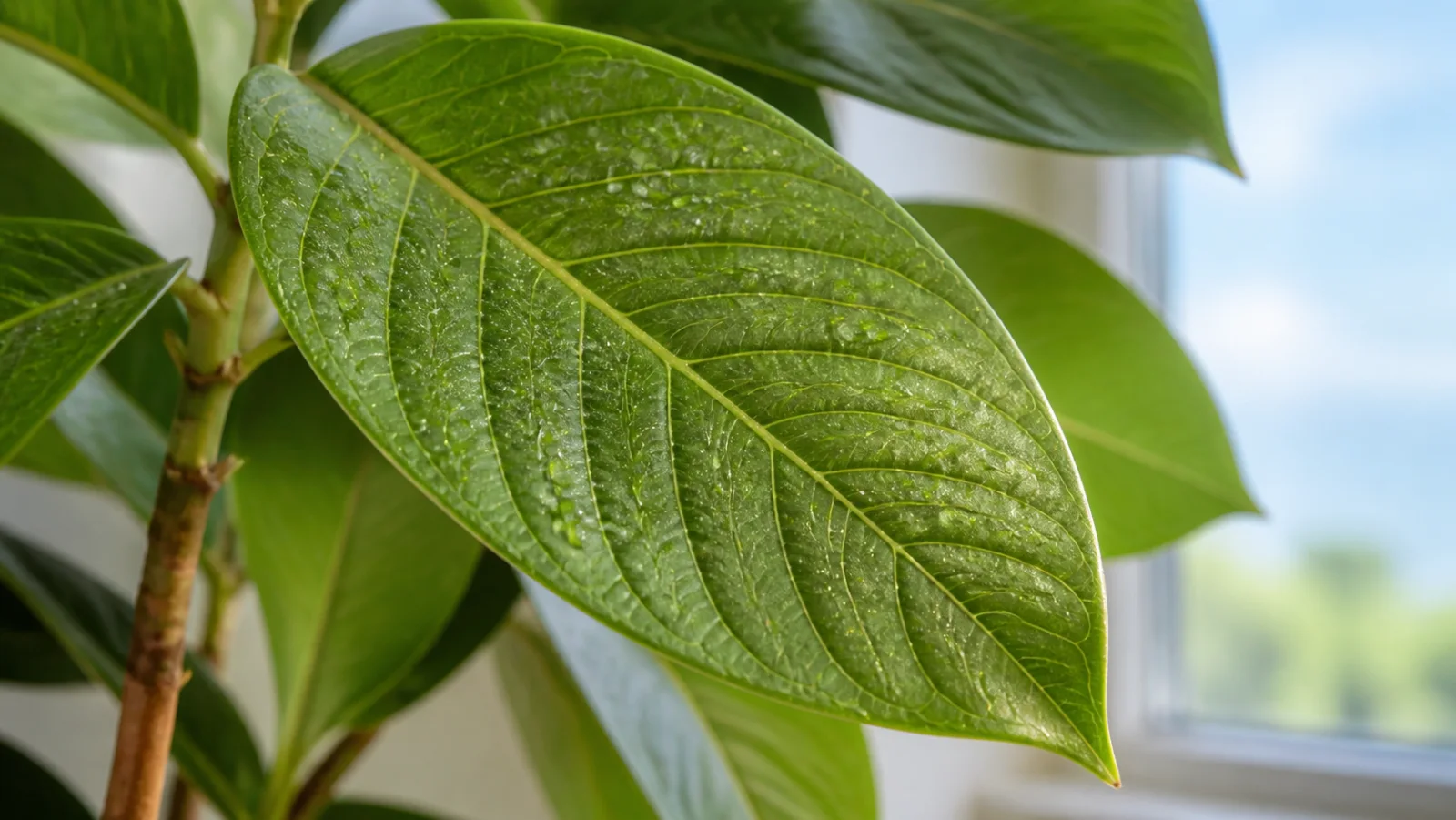 Close view of a green leaf with branching veins and small surface droplets