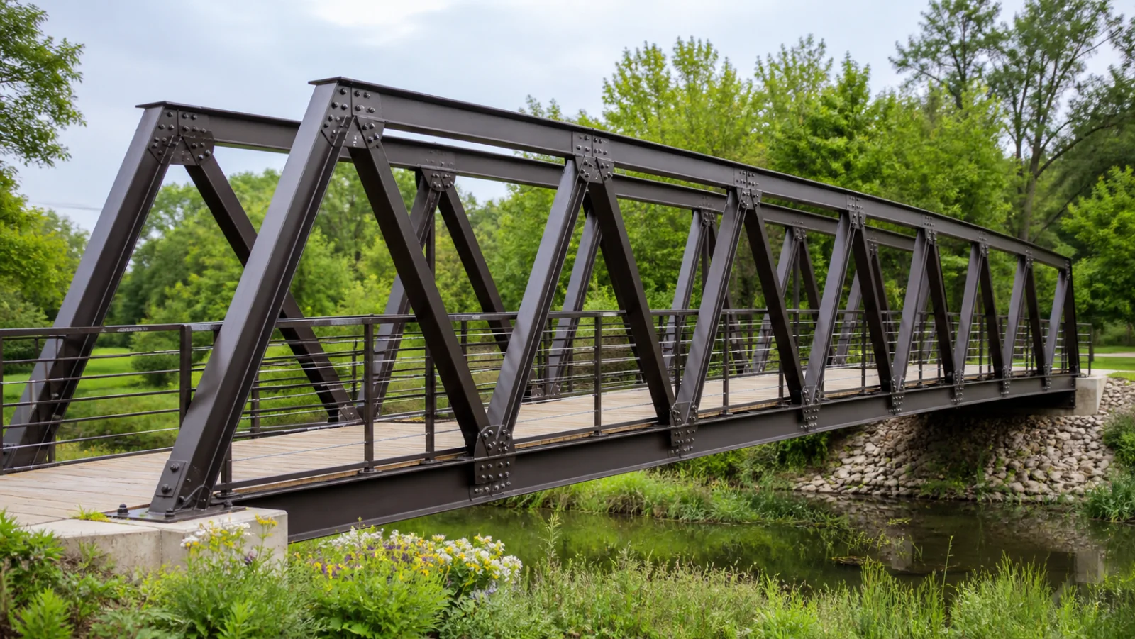 Steel truss footbridge with repeating triangular beams above a park path